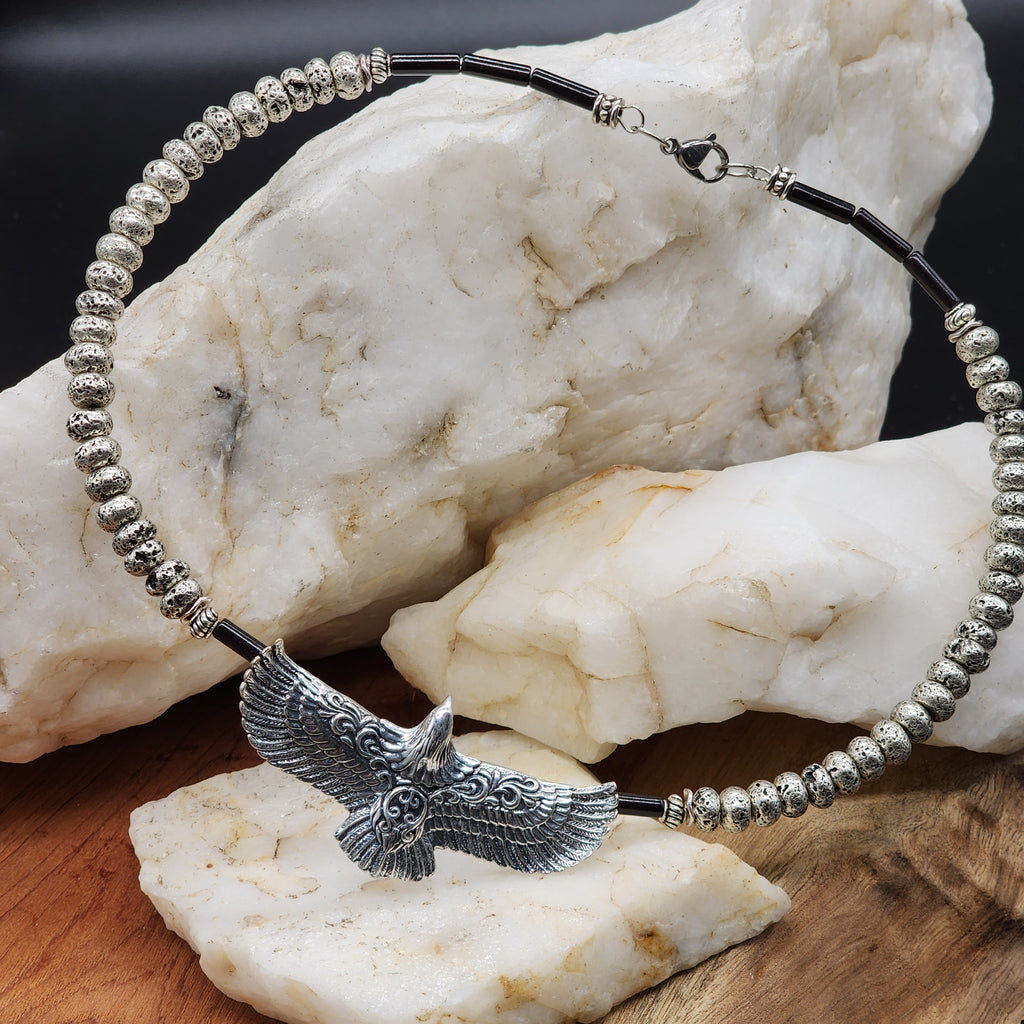 Anasazi / Mens Necklace Antique Eagle Ancient Aliens Genuine Black Agate Boho Tribal Lava