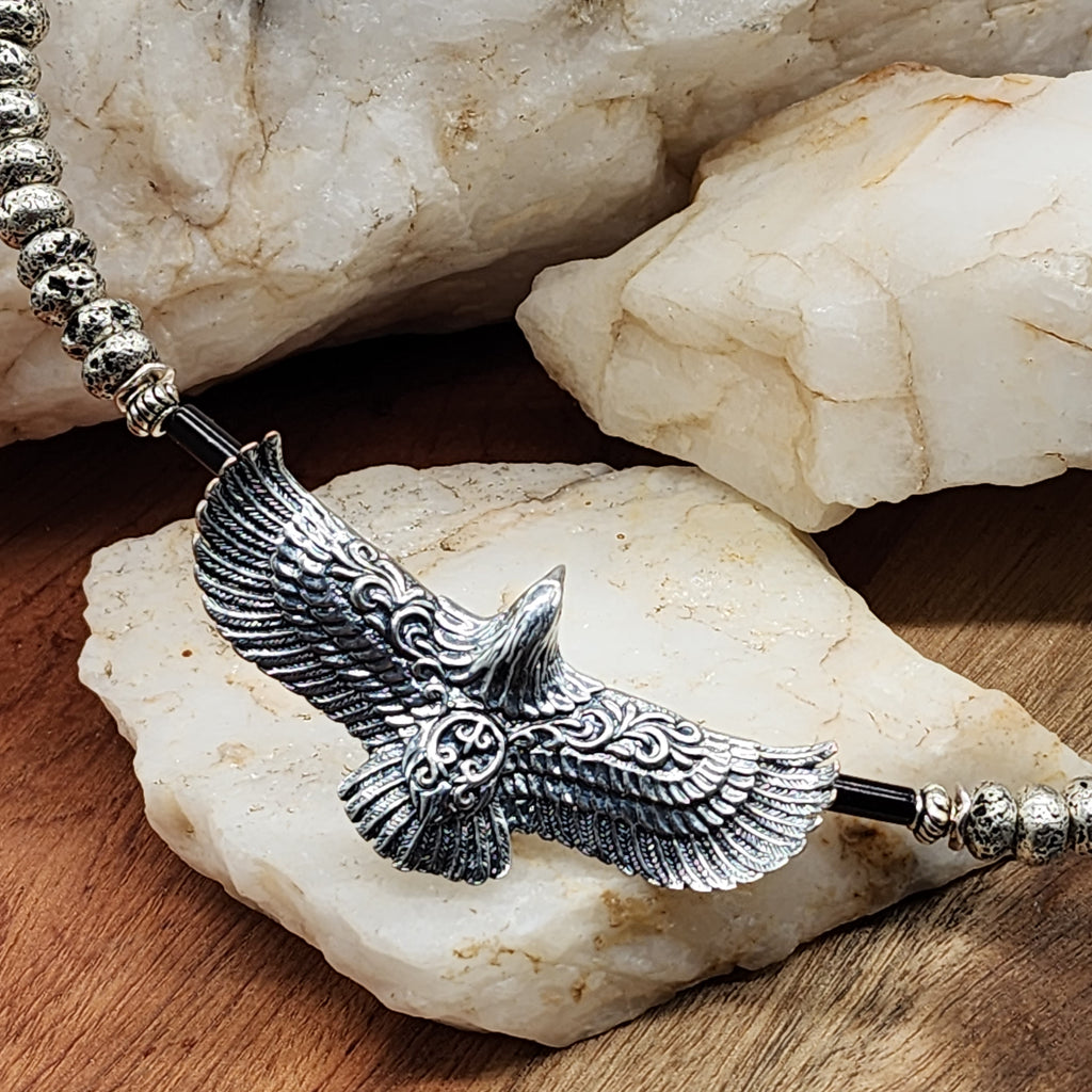 Anasazi / Mens Necklace Antique Eagle Ancient Aliens Genuine Black Agate Boho Tribal Lava