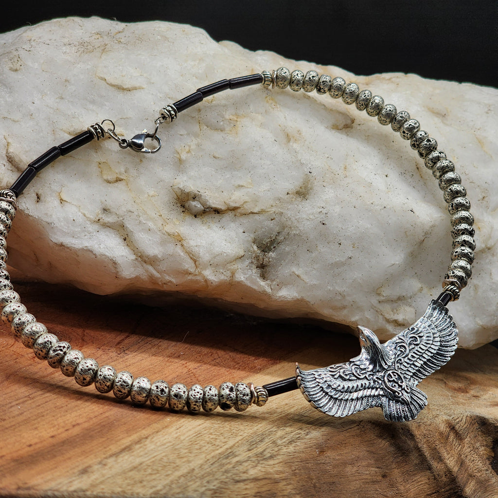 Anasazi / Mens Necklace Antique Eagle Ancient Aliens Genuine Black Agate Boho Tribal Lava