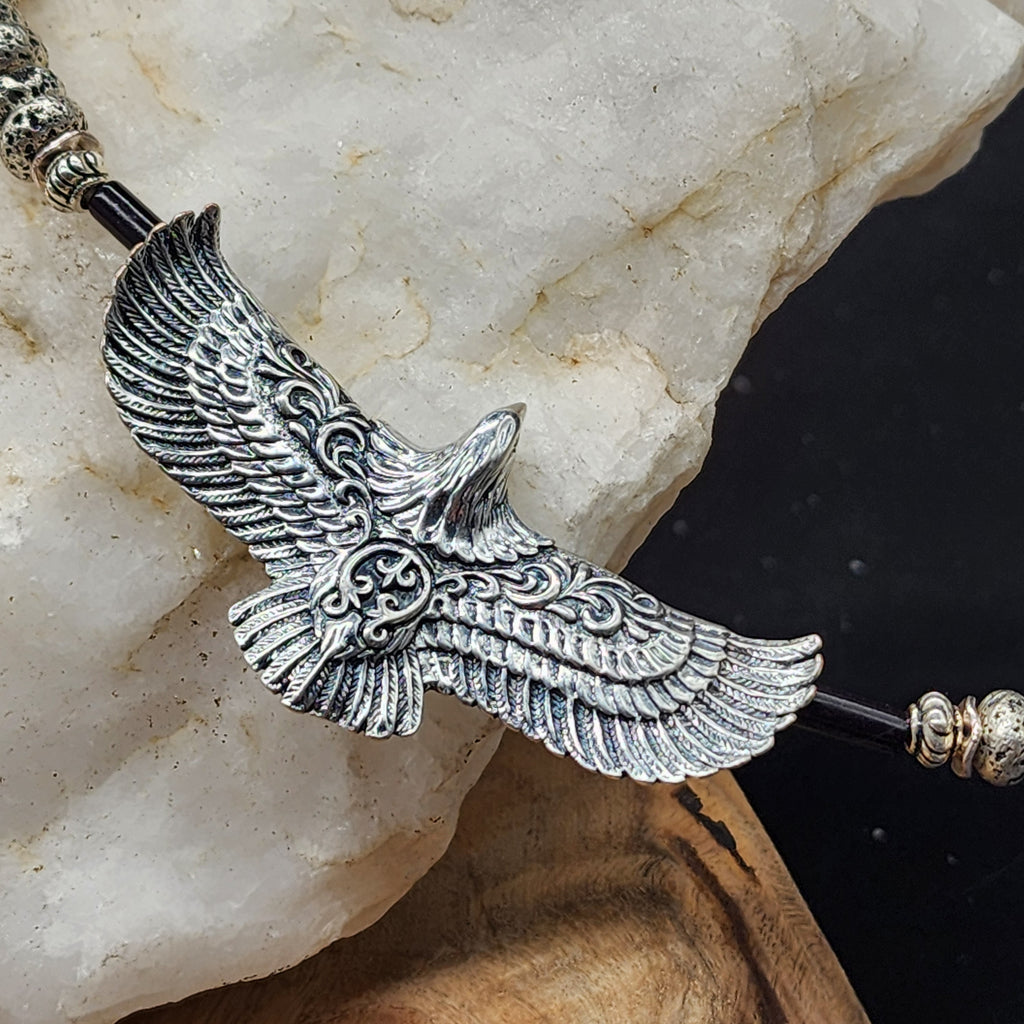 Anasazi / Mens Necklace Antique Eagle Ancient Aliens Genuine Black Agate Boho Tribal Lava