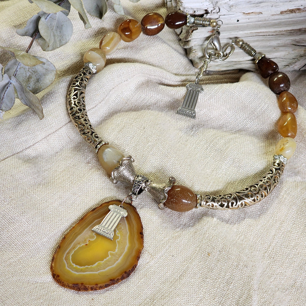 Layer Cake / Designer Jewelry Artisan Simple Necklace Vintage Silver Natural Agate Stone Boho Necklace Gift For Women