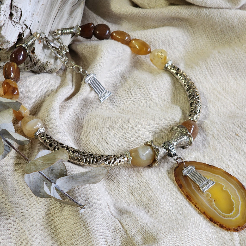 Layer Cake / Designer Jewelry Artisan Simple Necklace Vintage Silver Natural Agate Stone Boho Necklace Gift For Women