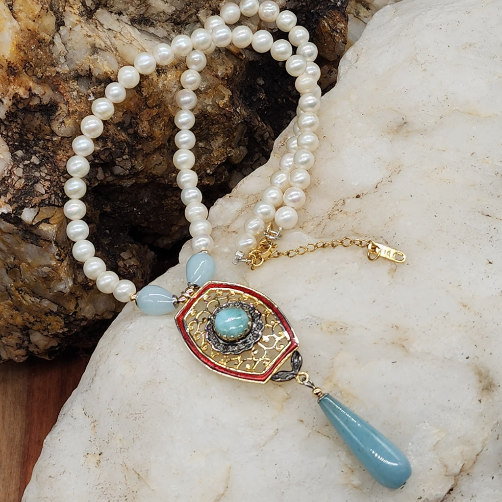 Living For / Designer Jewelry Solid Sterling Silver 925 14 kt Gold Pendant Genuine Amazonite Diamonds Rhodium Freshwater Pearls Gift