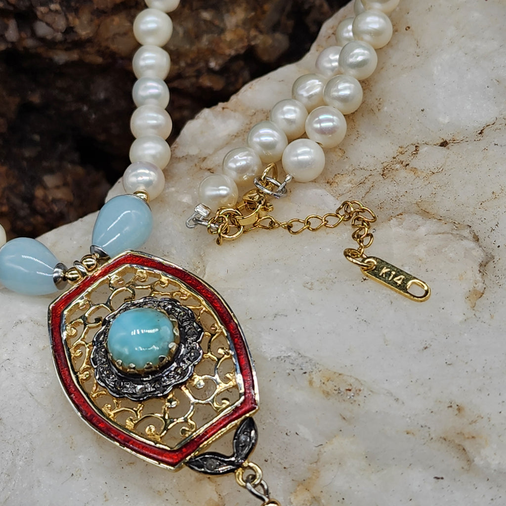 Living For / Designer Jewelry Solid Sterling Silver 925 14 kt Gold Pendant Genuine Amazonite Diamonds Rhodium Freshwater Pearls Gift