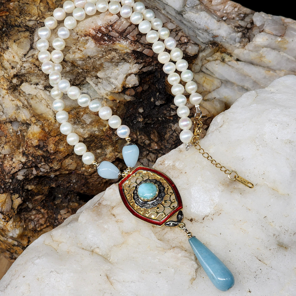 Living For / Designer Jewelry Solid Sterling Silver 925 14 kt Gold Pendant Genuine Amazonite Diamonds Rhodium Freshwater Pearls Gift