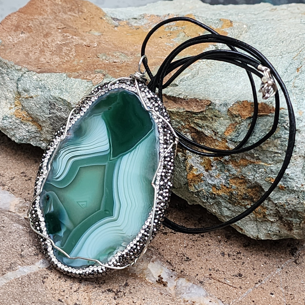 Labyrinth / Artisan Boho Necklace Designer Jewelry Silver Pendant Natural Agate Stone Unique Long Necklace Crystals Gift For Lady