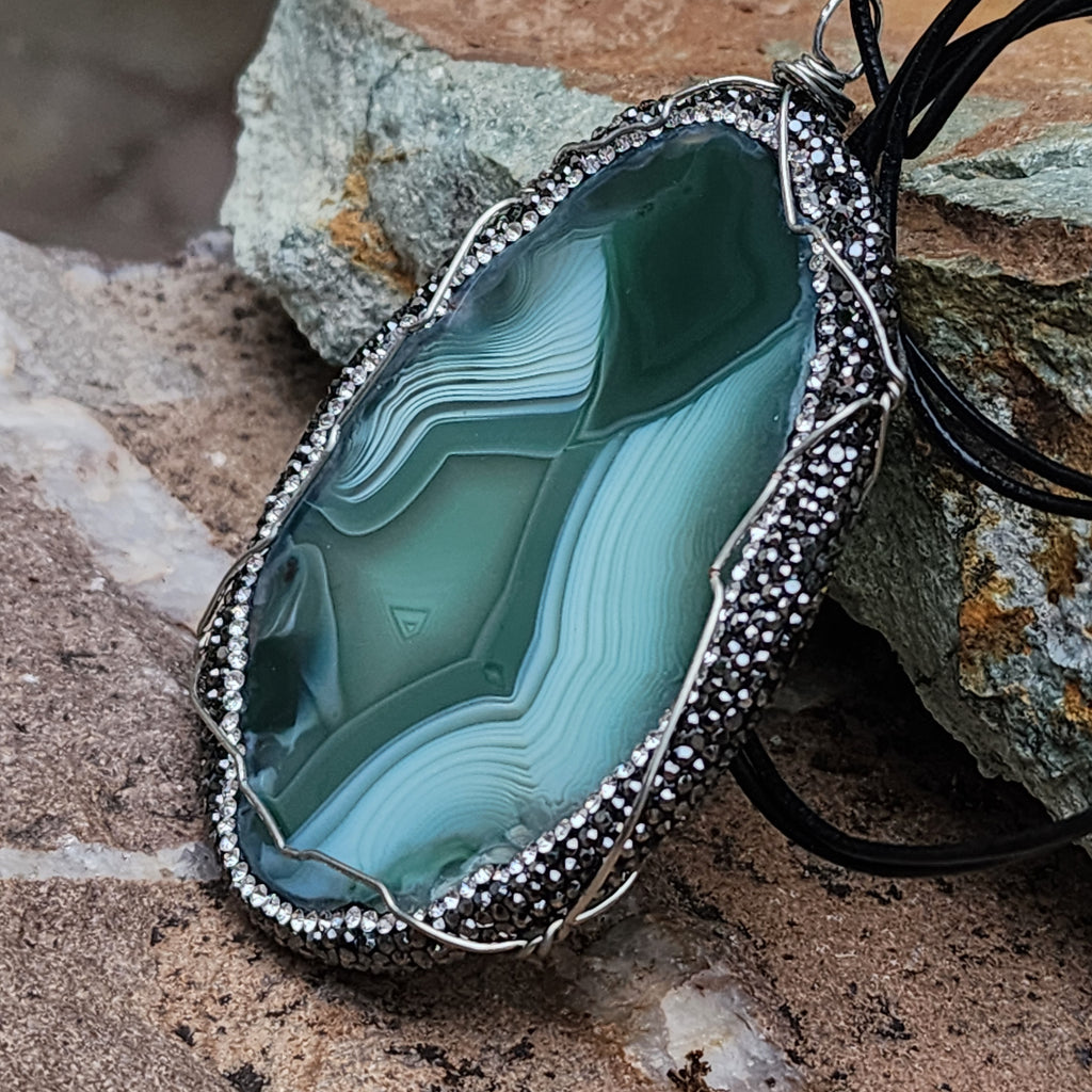 Labyrinth / Artisan Boho Necklace Designer Jewelry Silver Pendant Natural Agate Stone Unique Long Necklace Crystals Gift For Lady