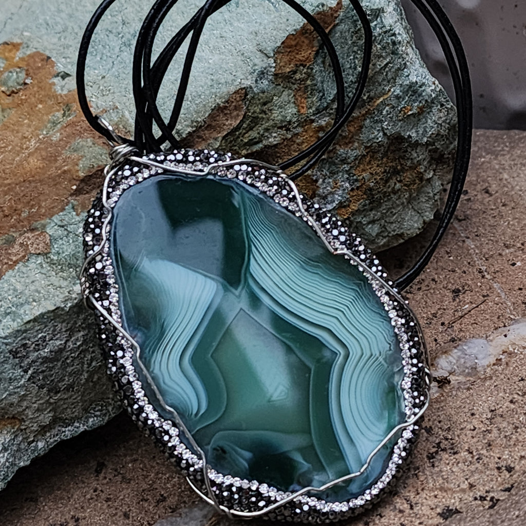 Labyrinth / Artisan Boho Necklace Designer Jewelry Silver Pendant Natural Agate Stone Unique Long Necklace Crystals Gift For Lady