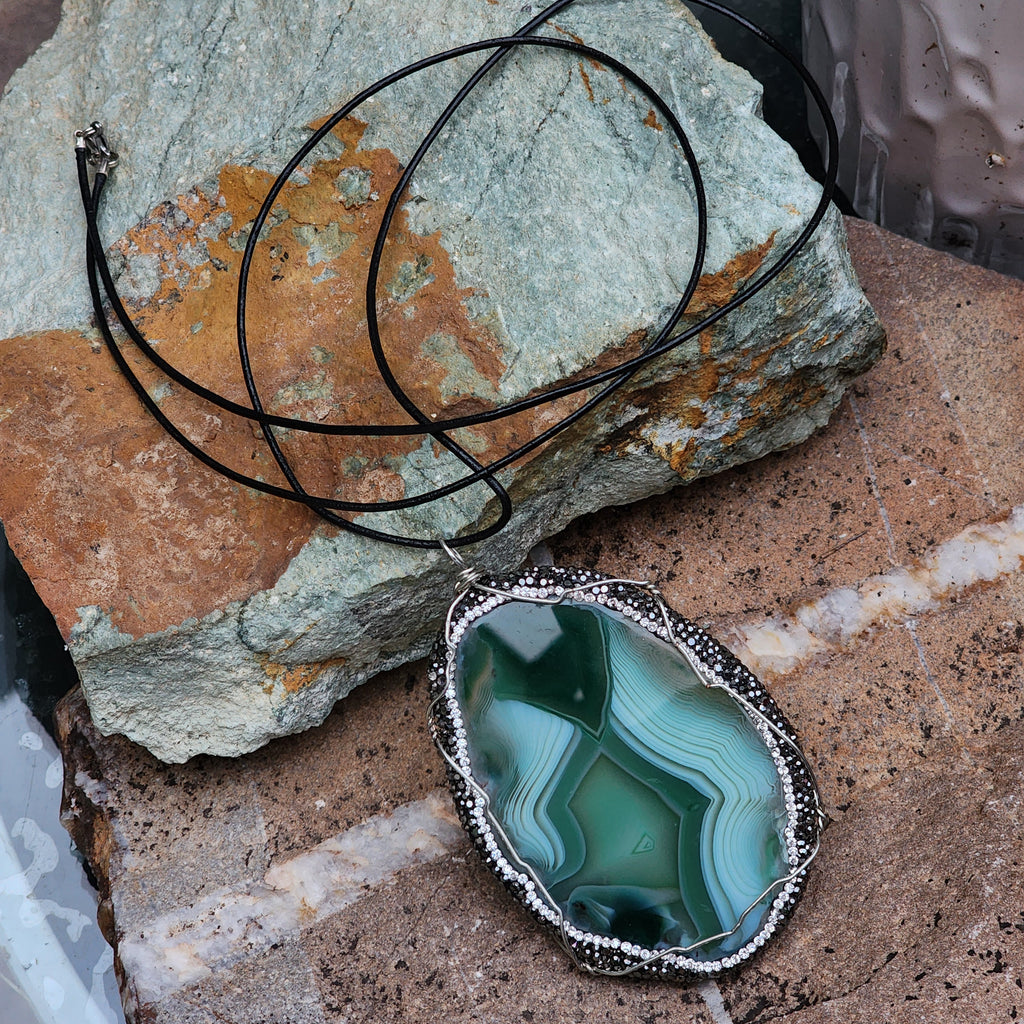 Labyrinth / Artisan Boho Necklace Designer Jewelry Silver Pendant Natural Agate Stone Unique Long Necklace Crystals Gift For Lady