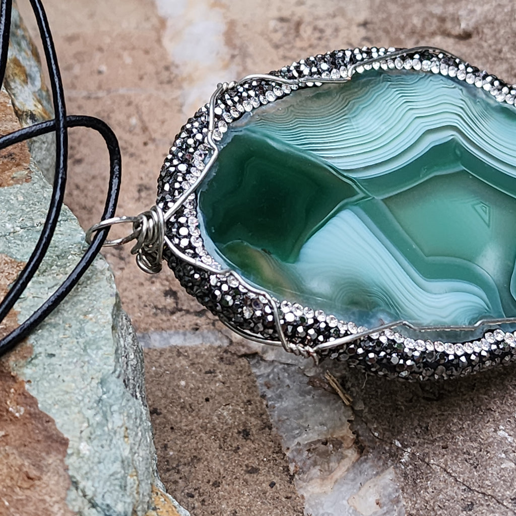 Labyrinth / Artisan Boho Necklace Designer Jewelry Silver Pendant Natural Agate Stone Unique Long Necklace Crystals Gift For Lady