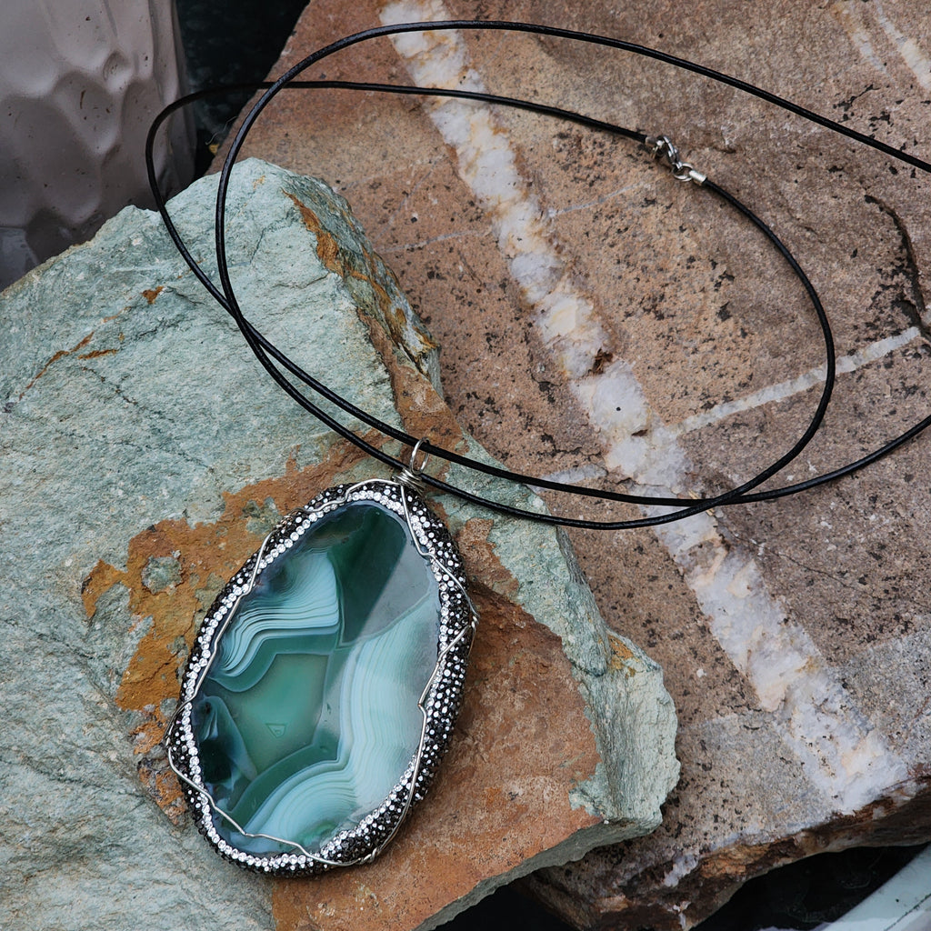 Labyrinth / Artisan Boho Necklace Designer Jewelry Silver Pendant Natural Agate Stone Unique Long Necklace Crystals Gift For Lady