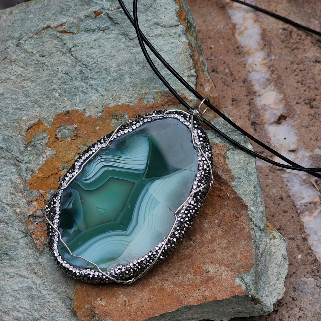 Labyrinth / Artisan Boho Necklace Designer Jewelry Silver Pendant Natural Agate Stone Unique Long Necklace Crystals Gift For Lady