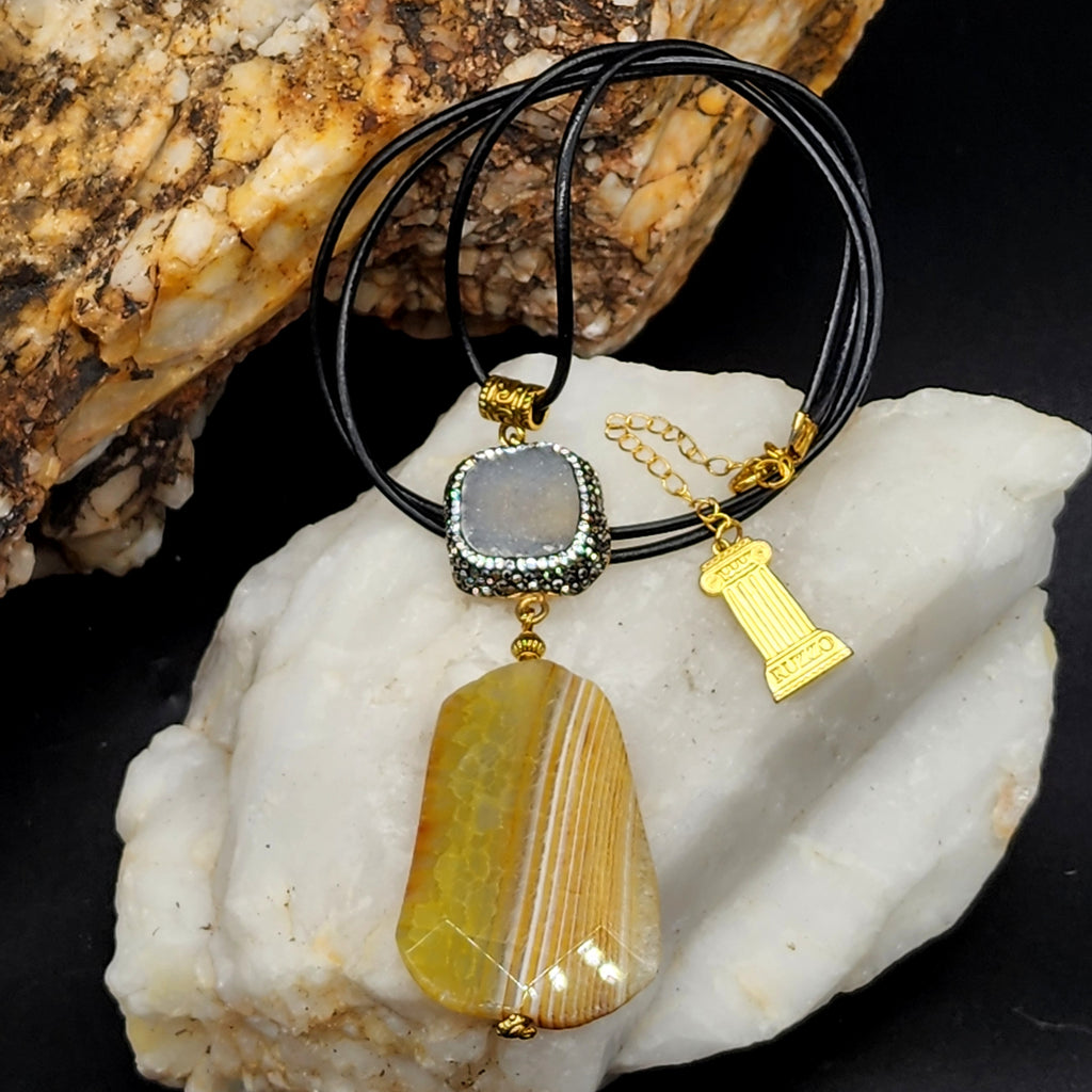Rock Candy /  Artisan Boho Necklace Designer Jewelry Silver Pendant Natural Agate Stone Unique Long Necklace Jewelry Gift For Lady