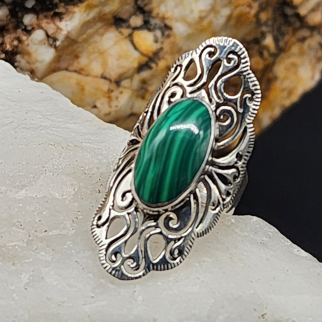 La Palma / 6.8 / Designer Jewelry Genuine Stone Malachite Unique Ring Hypoallergenic Silver 925 Ring Gift for Momen