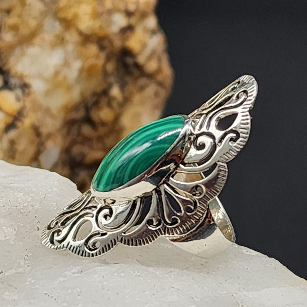 La Palma / 6.8 / Designer Jewelry Genuine Stone Malachite Unique Ring Hypoallergenic Silver 925 Ring Gift for Momen
