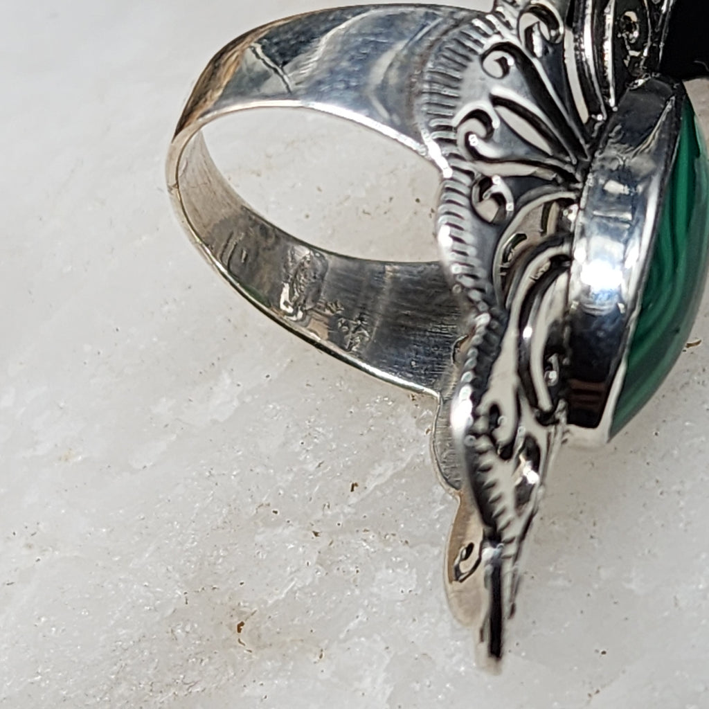 La Palma / 6.8 / Designer Jewelry Genuine Stone Malachite Unique Ring Hypoallergenic Silver 925 Ring Gift for Momen