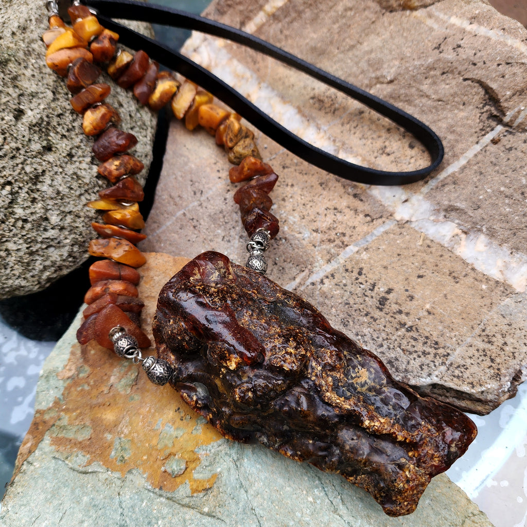 Feeling Groovy / Designer Jewelry Raw Amber Nugget Pendant Hypoallergenic Black Leather Necklace Natural Amber Gift for Momen