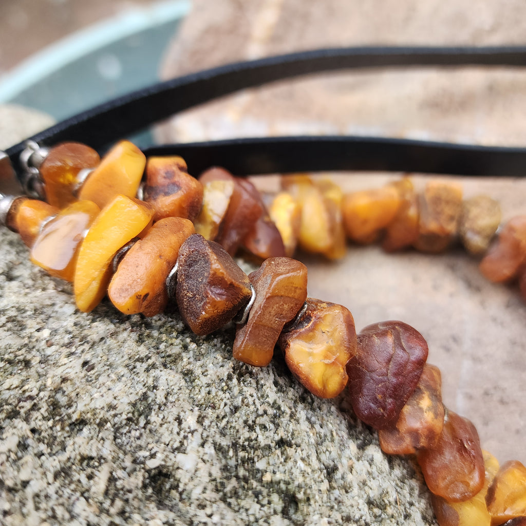 Feeling Groovy / Designer Jewelry Raw Amber Nugget Pendant Hypoallergenic Black Leather Necklace Natural Amber Gift for Momen