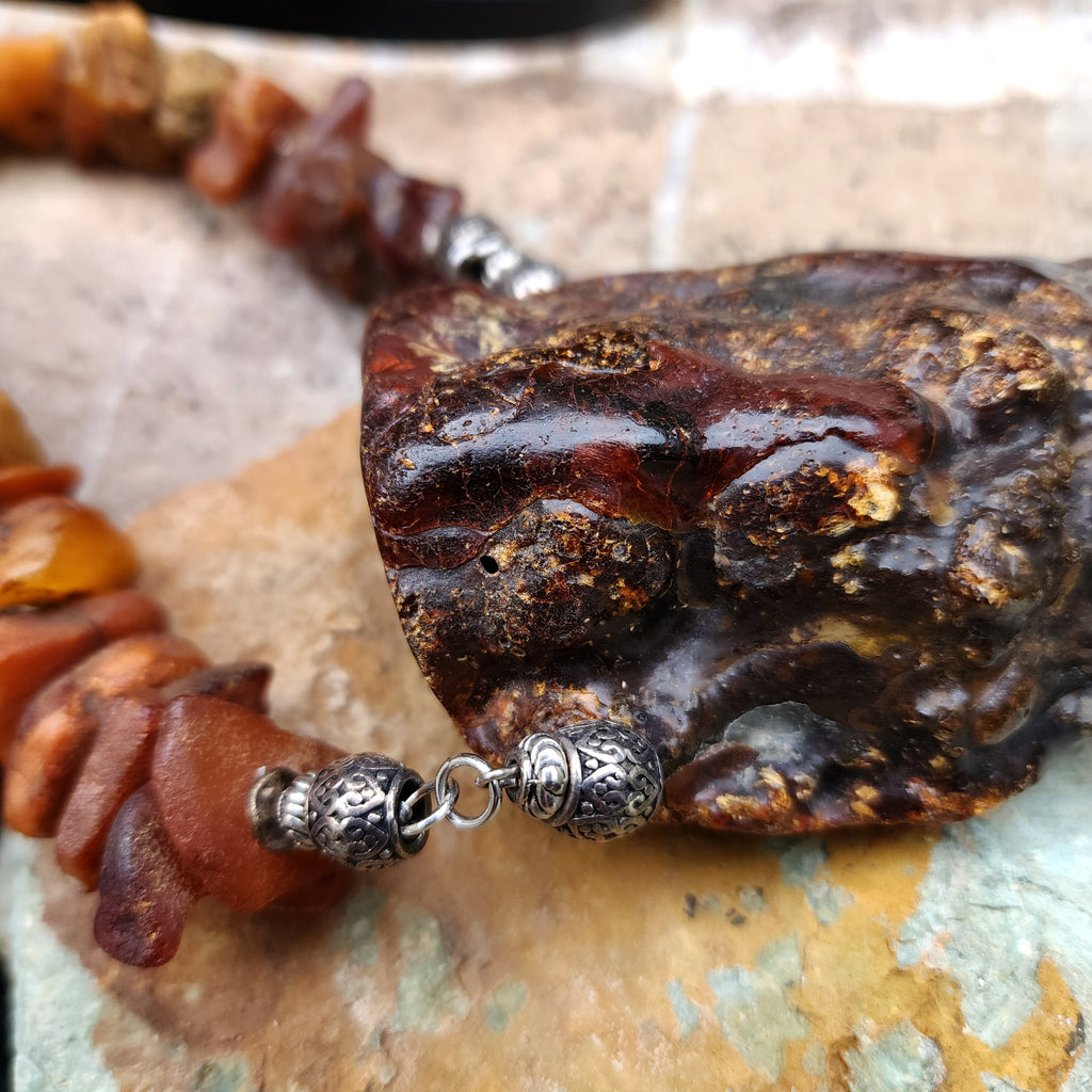 Feeling Groovy / Designer Jewelry Raw Amber Nugget Pendant Hypoallergenic Black Leather Necklace Natural Amber Gift for Momen