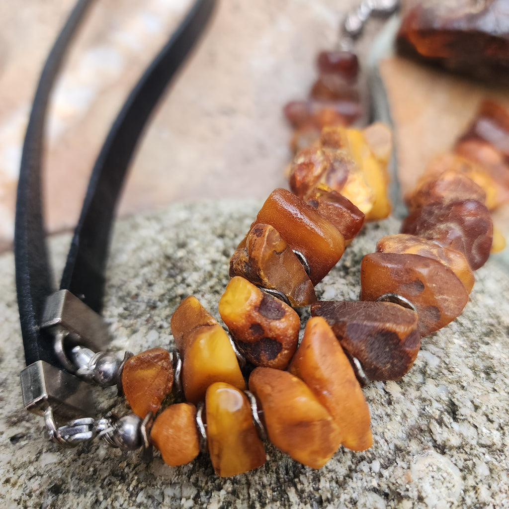 Feeling Groovy / Designer Jewelry Raw Amber Nugget Pendant Hypoallergenic Black Leather Necklace Natural Amber Gift for Momen