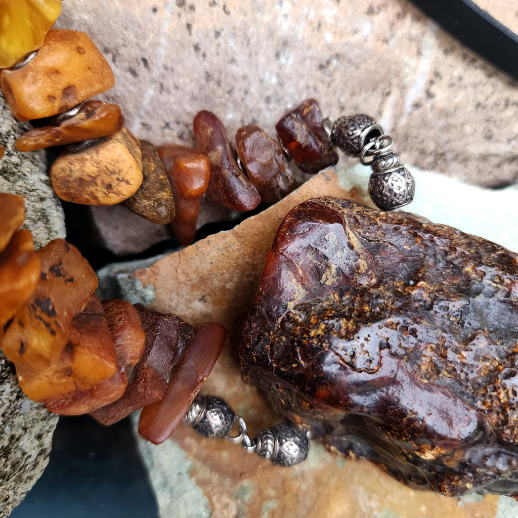 Feeling Groovy / Designer Jewelry Raw Amber Nugget Pendant Hypoallergenic Black Leather Necklace Natural Amber Gift for Momen