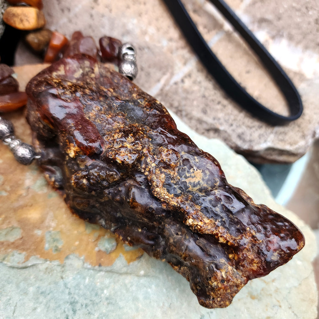 Feeling Groovy / Designer Jewelry Raw Amber Nugget Pendant Hypoallergenic Black Leather Necklace Natural Amber Gift for Momen