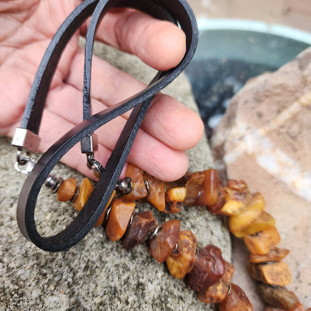 Feeling Groovy / Designer Jewelry Raw Amber Nugget Pendant Hypoallergenic Black Leather Necklace Natural Amber Gift for Momen