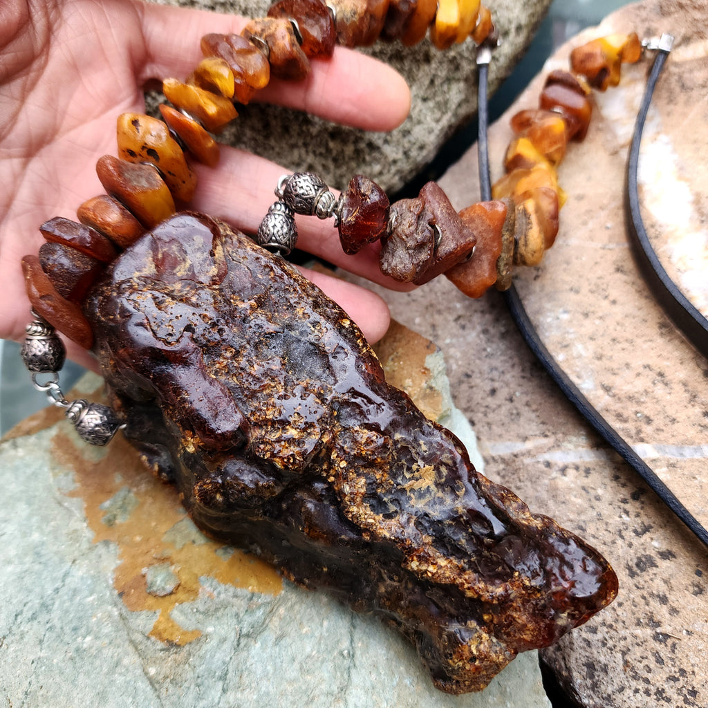 Feeling Groovy / Designer Jewelry Raw Amber Nugget Pendant Hypoallergenic Black Leather Necklace Natural Amber Gift for Momen