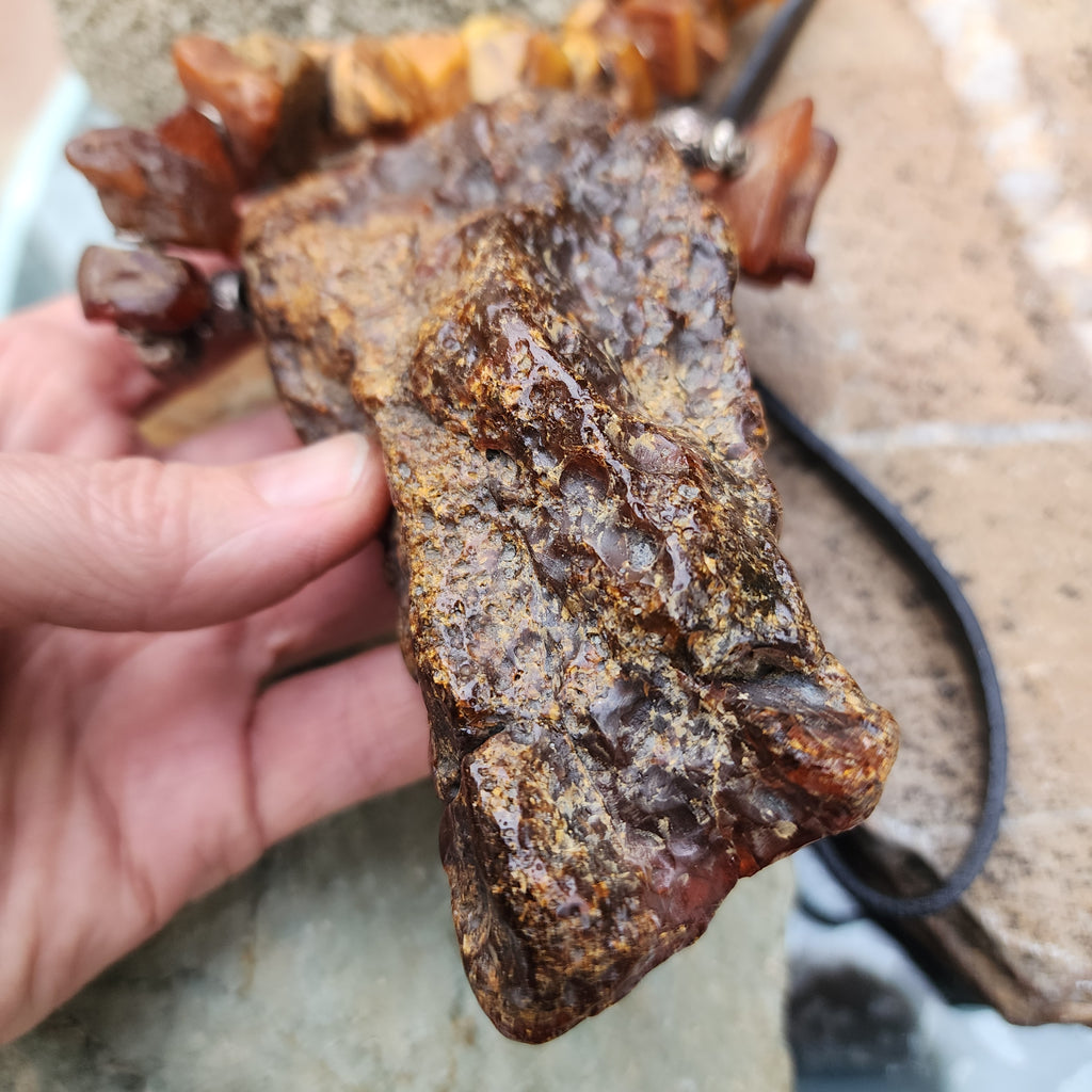 Feeling Groovy / Designer Jewelry Raw Amber Nugget Pendant Hypoallergenic Black Leather Necklace Natural Amber Gift for Momen