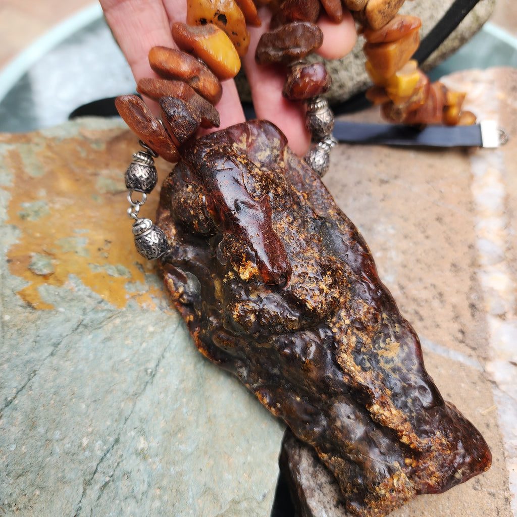 Feeling Groovy / Designer Jewelry Raw Amber Nugget Pendant Hypoallergenic Black Leather Necklace Natural Amber Gift for Momen