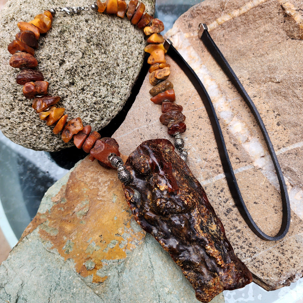 Feeling Groovy / Designer Jewelry Raw Amber Nugget Pendant Hypoallergenic Black Leather Necklace Natural Amber Gift for Momen