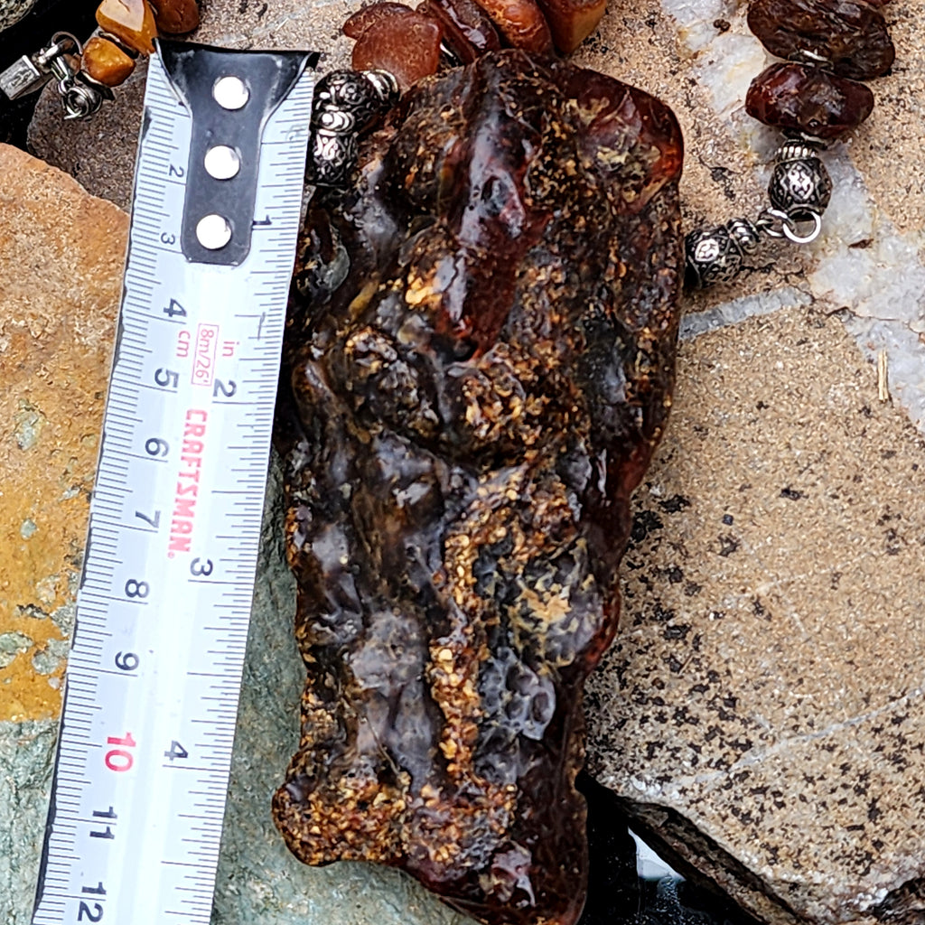 Feeling Groovy / Designer Jewelry Raw Amber Nugget Pendant Hypoallergenic Black Leather Necklace Natural Amber Gift for Momen