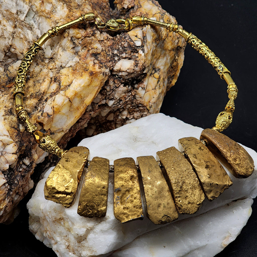 Maya Sun / Designer Jewelry Gold Necklace Artisan Exotic JewelryGold Pyrite Nuggets Necklace Crystal Necklace Gift for Momen