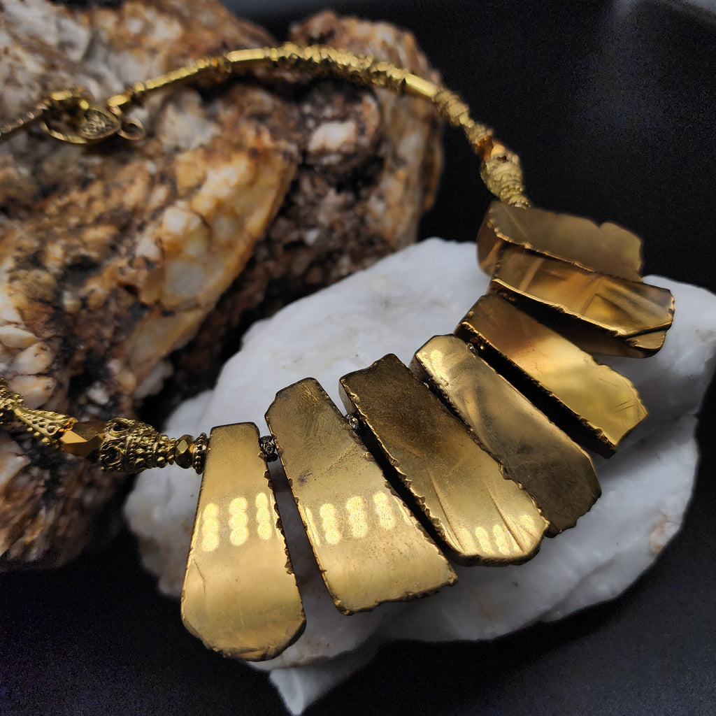 Maya Sun / Designer Jewelry Gold Necklace Artisan Exotic JewelryGold Pyrite Nuggets Necklace Crystal Necklace Gift for Momen