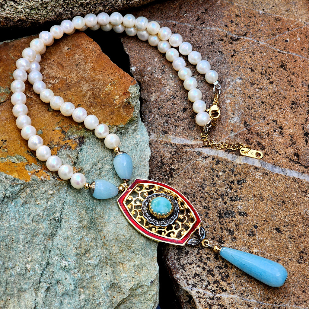 Living For / Designer Jewelry Solid Sterling Silver 925 14 kt Gold Pendant Genuine Amazonite Diamonds Rhodium Freshwater Pearls Gift