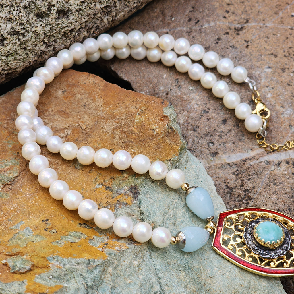 Living For / Designer Jewelry Solid Sterling Silver 925 14 kt Gold Pendant Genuine Amazonite Diamonds Rhodium Freshwater Pearls Gift