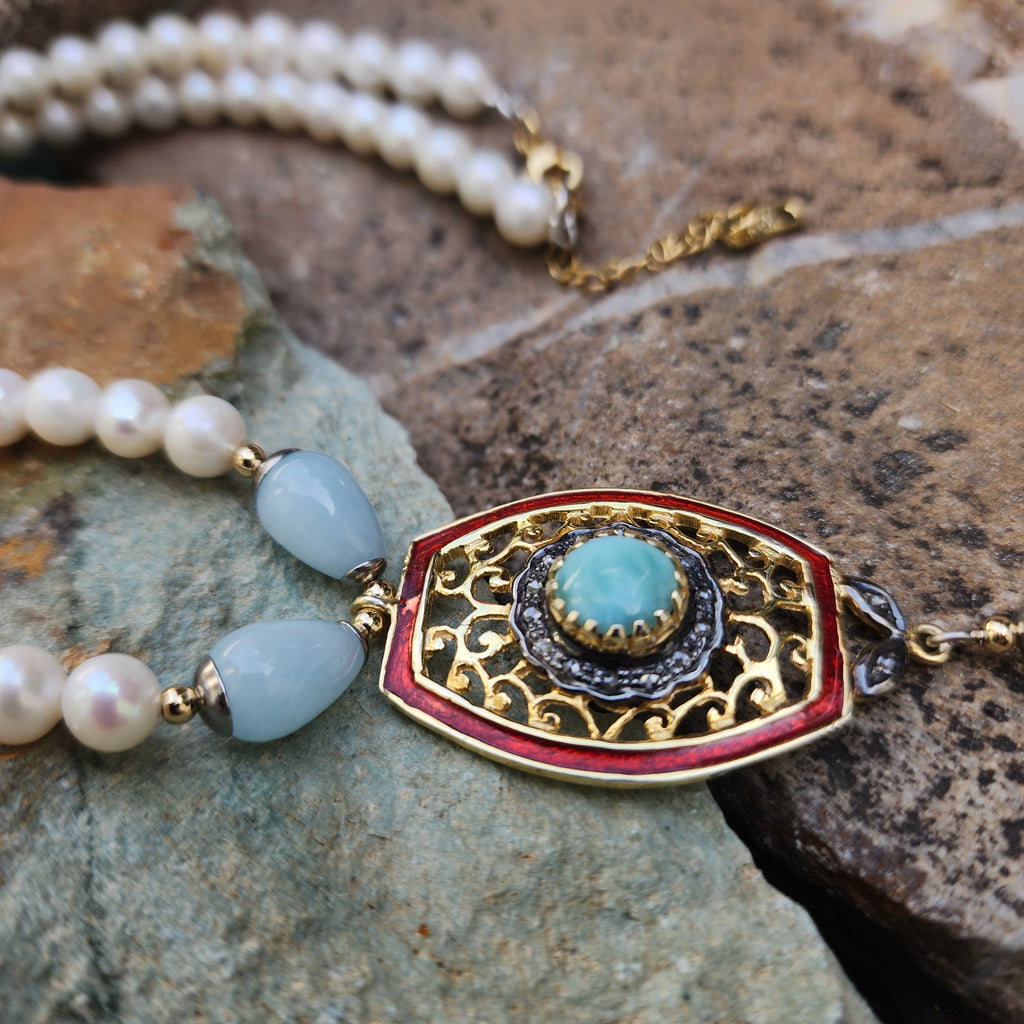 Living For / Designer Jewelry Solid Sterling Silver 925 14 kt Gold Pendant Genuine Amazonite Diamonds Rhodium Freshwater Pearls Gift