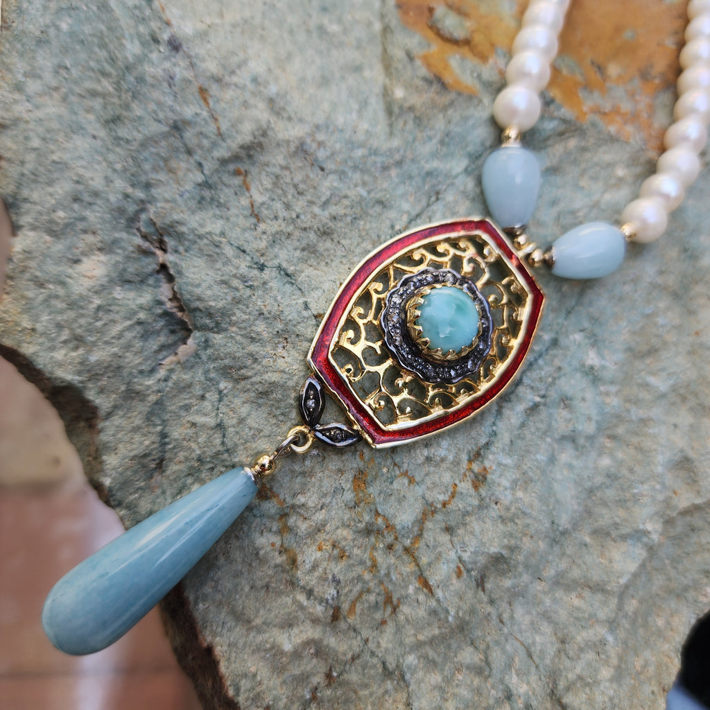 Living For / Designer Jewelry Solid Sterling Silver 925 14 kt Gold Pendant Genuine Amazonite Diamonds Rhodium Freshwater Pearls Gift