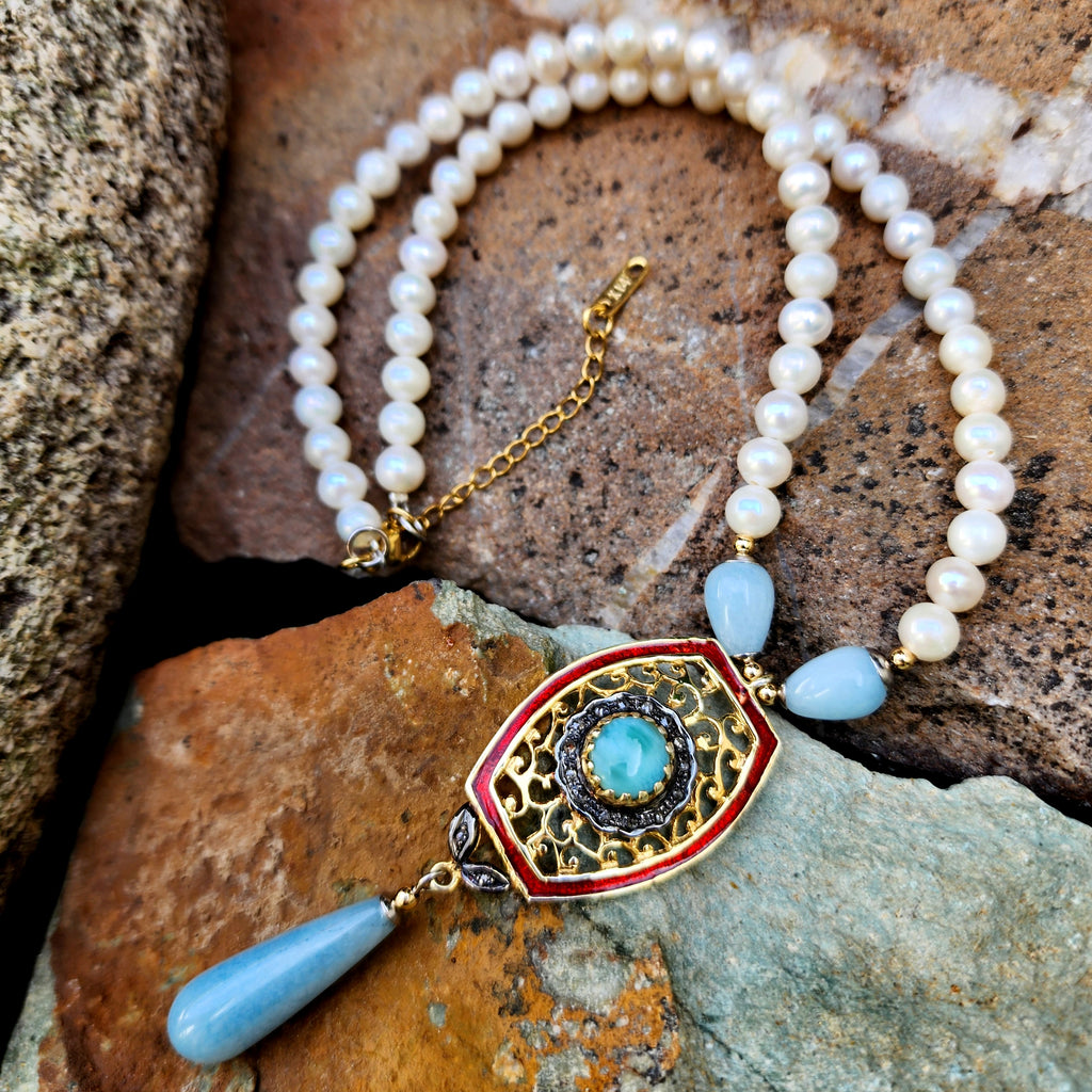 Living For / Designer Jewelry Solid Sterling Silver 925 14 kt Gold Pendant Genuine Amazonite Diamonds Rhodium Freshwater Pearls Gift