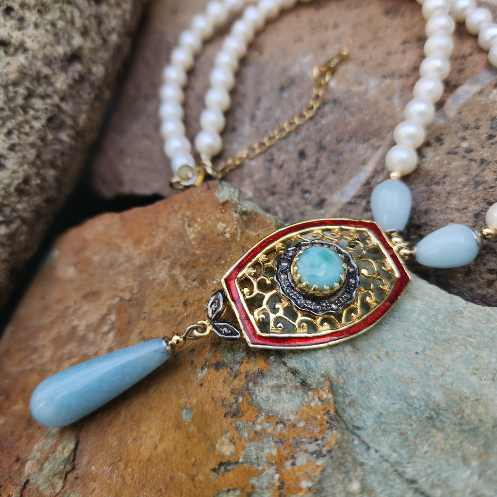 Living For / Designer Jewelry Solid Sterling Silver 925 14 kt Gold Pendant Genuine Amazonite Diamonds Rhodium Freshwater Pearls Gift