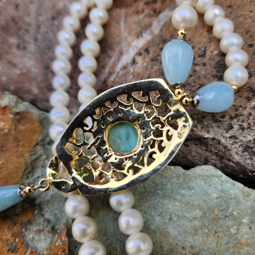 Living For / Designer Jewelry Solid Sterling Silver 925 14 kt Gold Pendant Genuine Amazonite Diamonds Rhodium Freshwater Pearls Gift