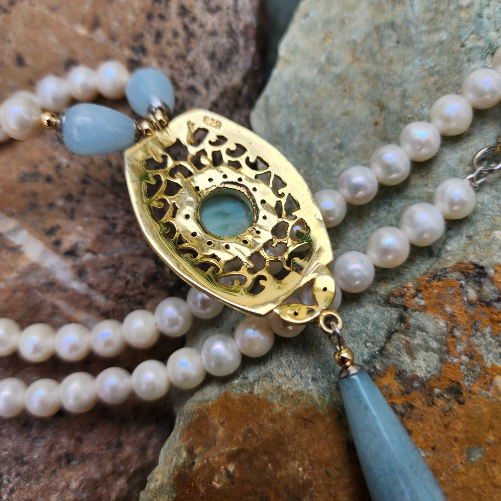 Living For / Designer Jewelry Solid Sterling Silver 925 14 kt Gold Pendant Genuine Amazonite Diamonds Rhodium Freshwater Pearls Gift