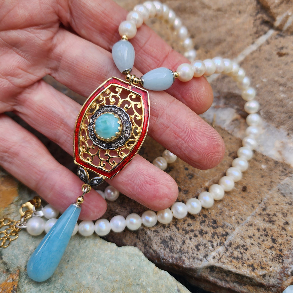 Living For / Designer Jewelry Solid Sterling Silver 925 14 kt Gold Pendant Genuine Amazonite Diamonds Rhodium Freshwater Pearls Gift