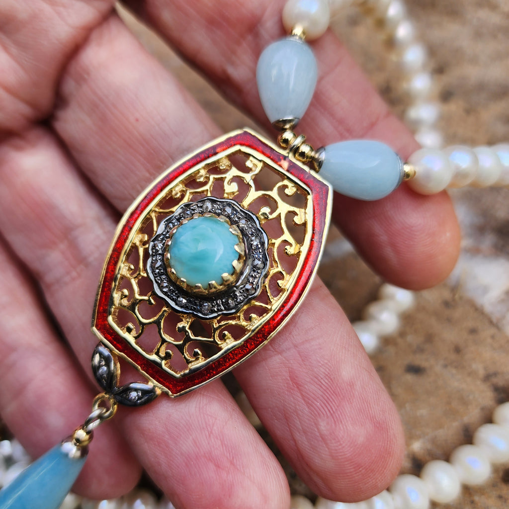 Living For / Designer Jewelry Solid Sterling Silver 925 14 kt Gold Pendant Genuine Amazonite Diamonds Rhodium Freshwater Pearls Gift