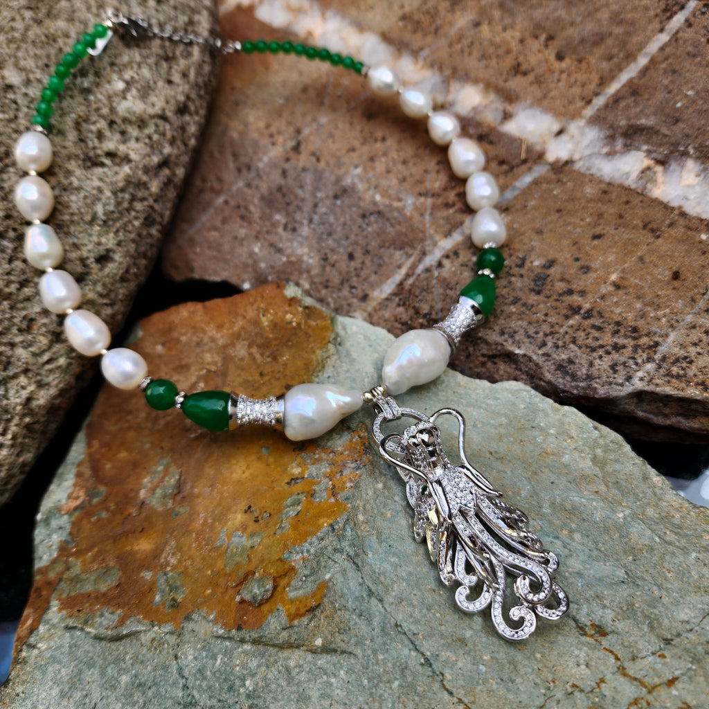 Dragon Jade / Designer Jewelry Silver Dragon Pendant Large Genuine Baroque Pearl Unique Jade Jewelry Gift For Lady Big Pearl Necklace