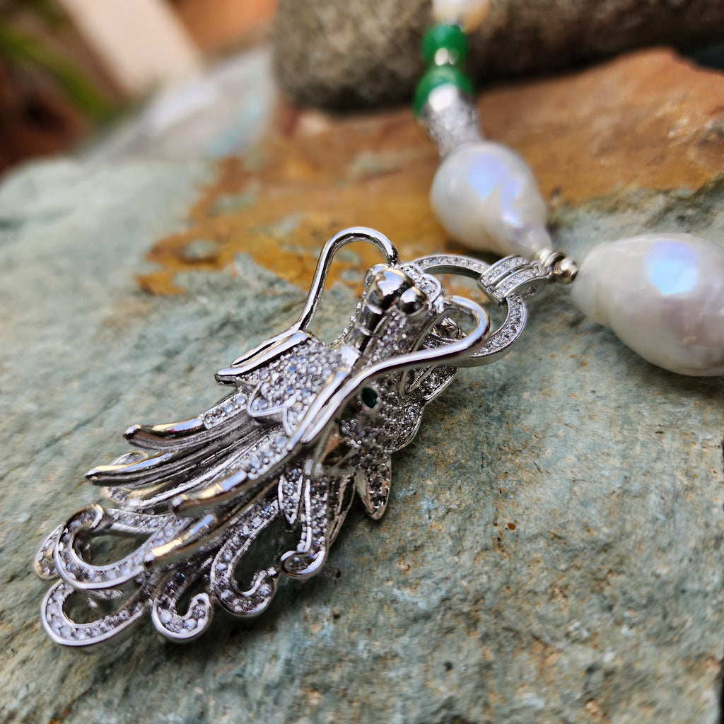 Dragon Jade / Designer Jewelry Silver Dragon Pendant Large Genuine Baroque Pearl Unique Jade Jewelry Gift For Lady Big Pearl Necklace