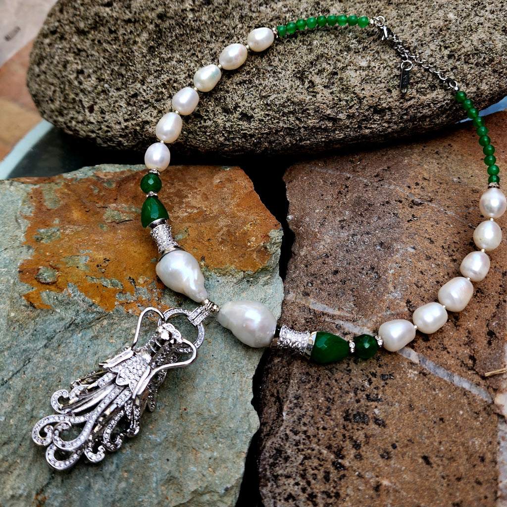 Dragon Jade / Designer Jewelry Silver Dragon Pendant Large Genuine Baroque Pearl Unique Jade Jewelry Gift For Lady Big Pearl Necklace