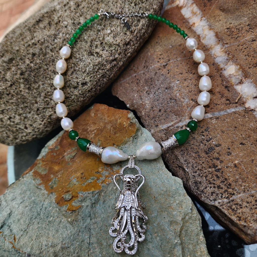 Dragon Jade / Designer Jewelry Silver Dragon Pendant Large Genuine Baroque Pearl Unique Jade Jewelry Gift For Lady Big Pearl Necklace