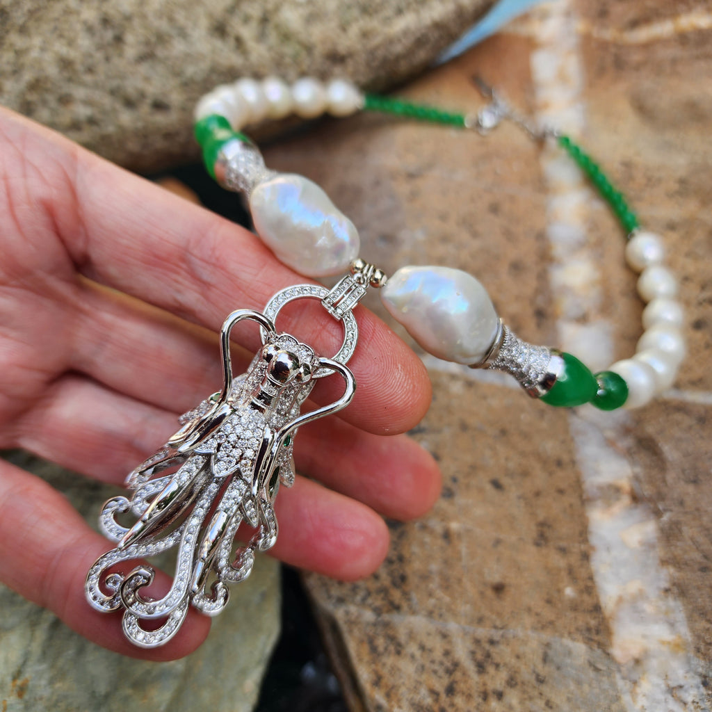 Dragon Jade / Designer Jewelry Silver Dragon Pendant Large Genuine Baroque Pearl Unique Jade Jewelry Gift For Lady Big Pearl Necklace