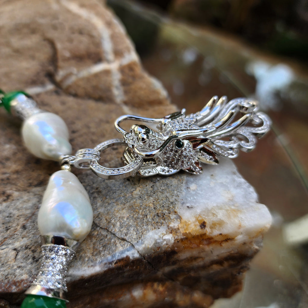 Dragon Jade / Designer Jewelry Silver Dragon Pendant Large Genuine Baroque Pearl Unique Jade Jewelry Gift For Lady Big Pearl Necklace